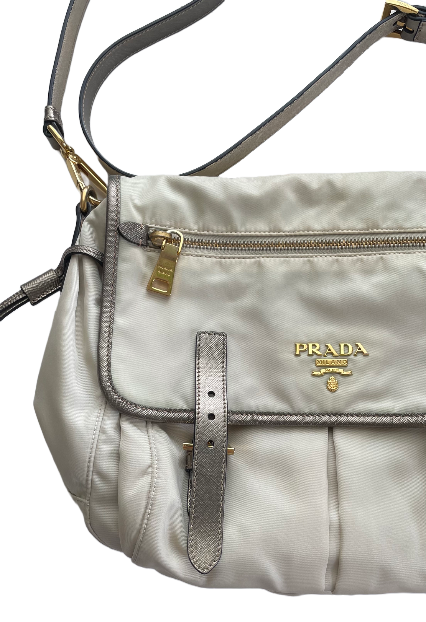 BORSA MESSENGER PRADA CREMA DETTAGLI ORO