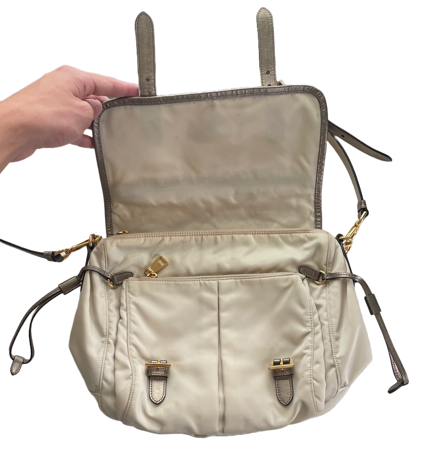 BORSA MESSENGER PRADA CREMA DETTAGLI ORO