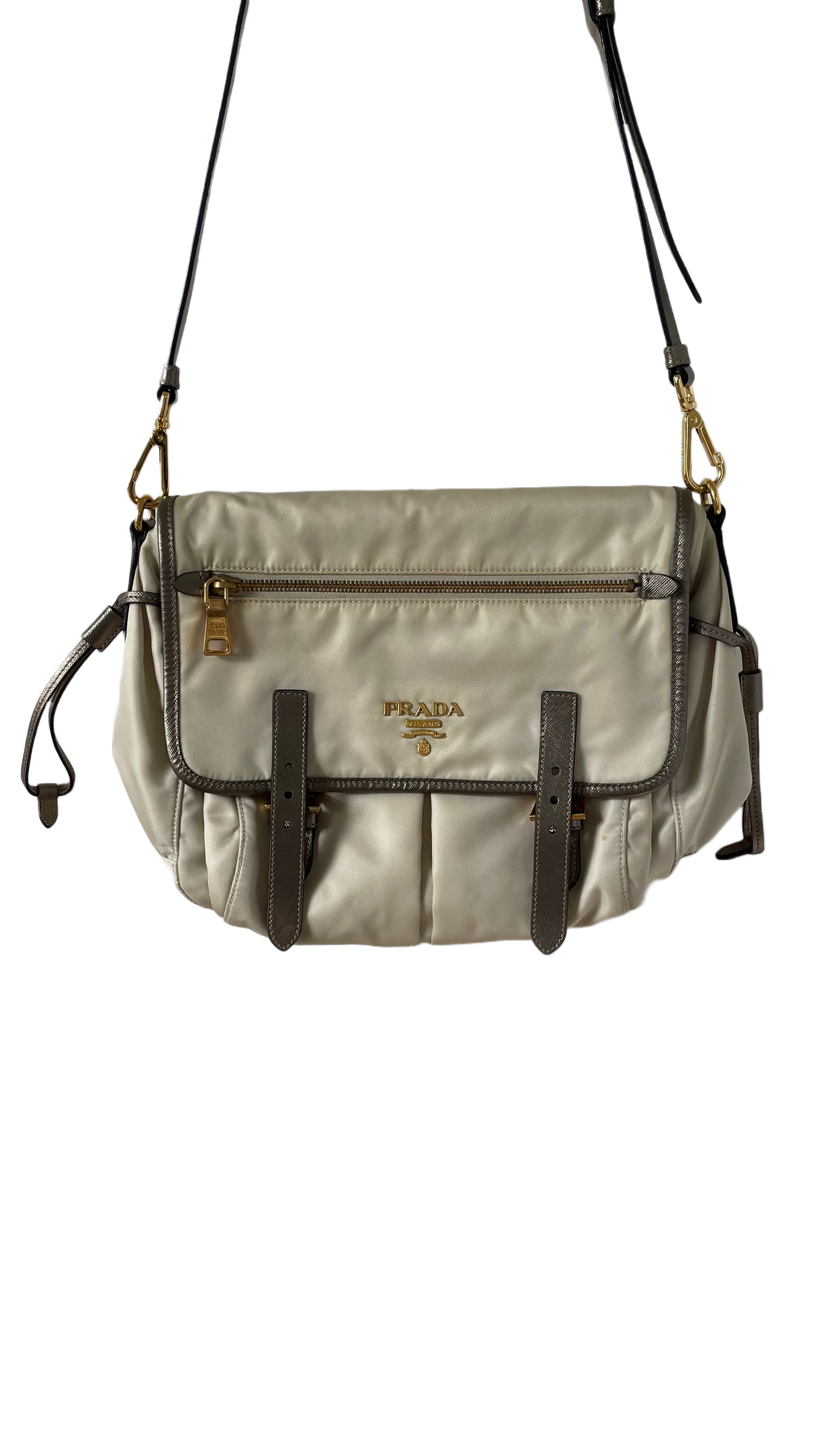 BORSA MESSENGER PRADA CREMA DETTAGLI ORO