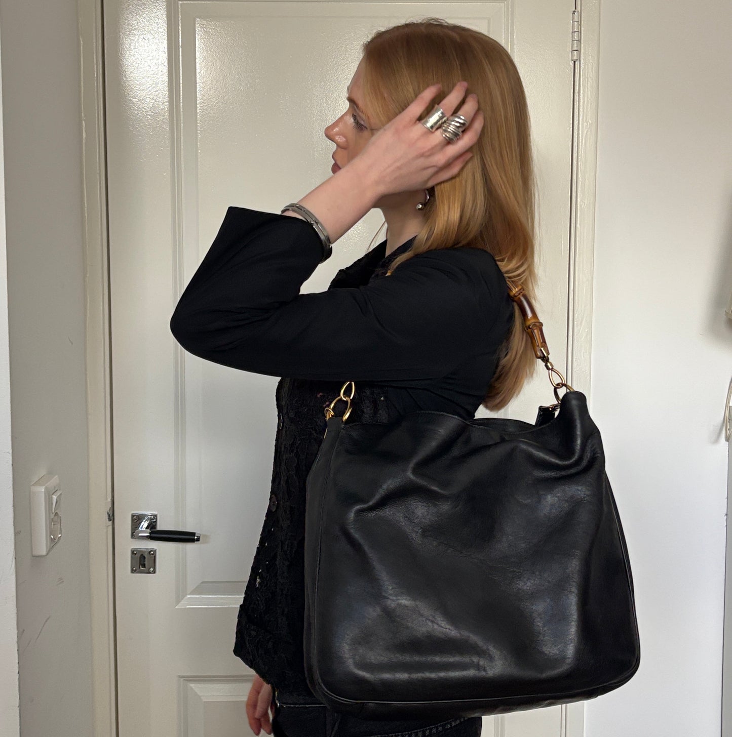 GUCCI TOM FORD BAMBOO LEATHER BAG BLACK